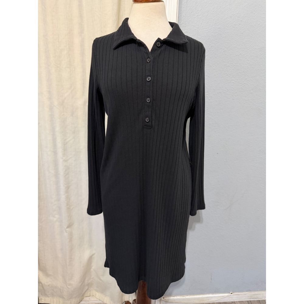 Old Navy Midi Black Dress L Cotton Blend Ribbed Long Sleeve Polo Collar Goth